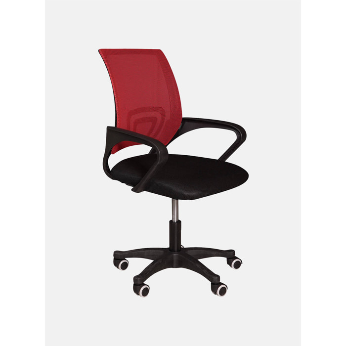 Sedia da ufficio su ruote, Poltrona elevabile con braccioli, Sedia in tessuto imbottito con schienale in rete, cm 62x50h84/93, colore Nero e Rosso