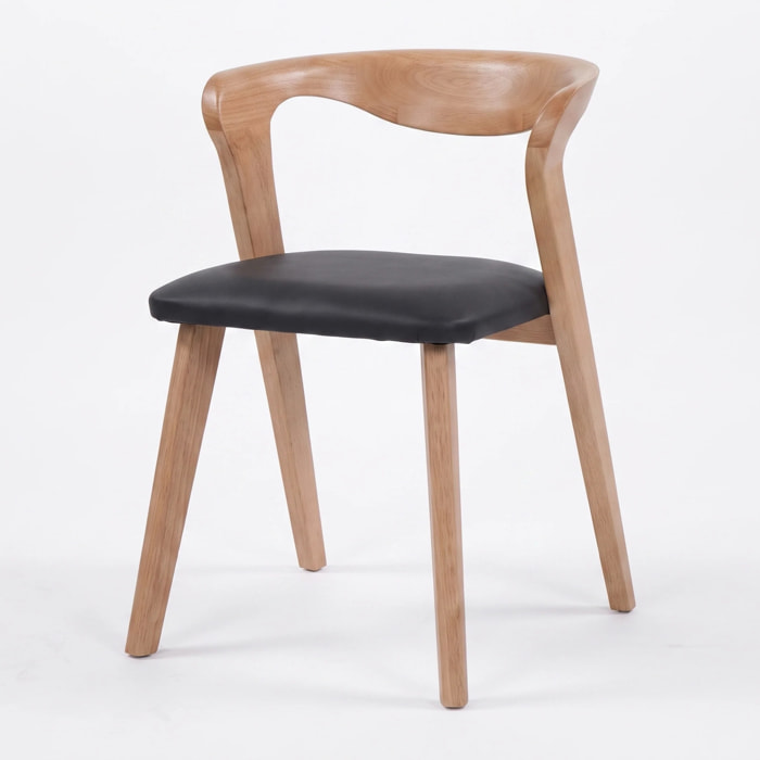 Chaise en bois d'hévéa blond et cuir synthétique noir - Vega