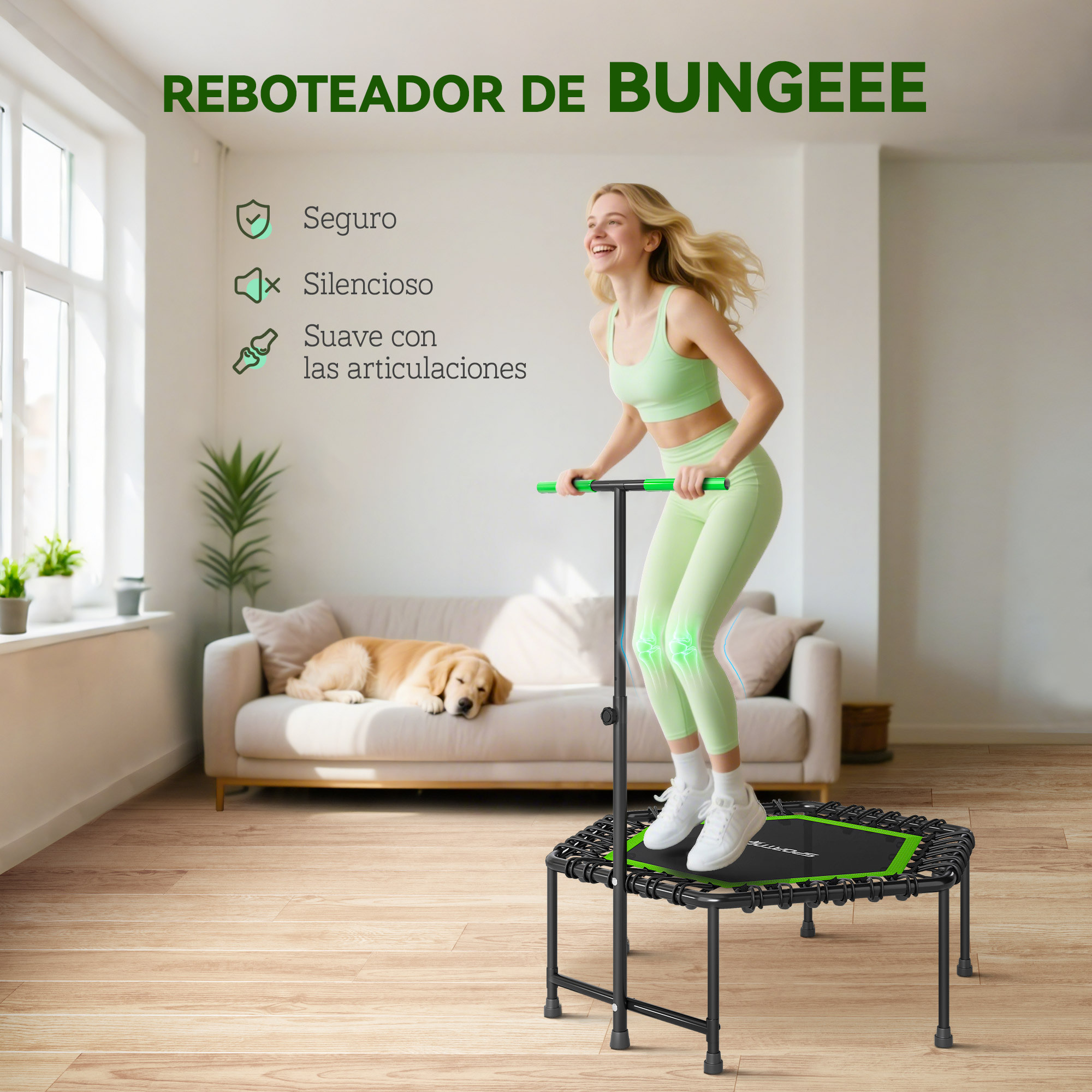 Trampolín de Fitness 114x114x132 cm Cama Elástica Fitness con Mango Ajustable de 3 Niveles Marco de Acero para Entrenamiento Piernas Cuerpo en Hogar Oficina Gimnasio Verde y Negro