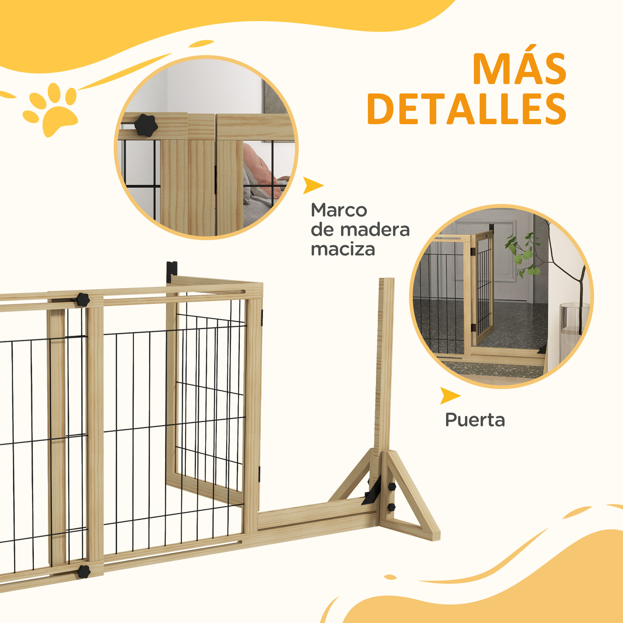 Barrera para Perros de Madera Valla para Mascotas Extensible de 2 Paneles con Patas de Apoyo Triangulares para Puerta Pasillo Escalera 112-159x44x70 cm Natural