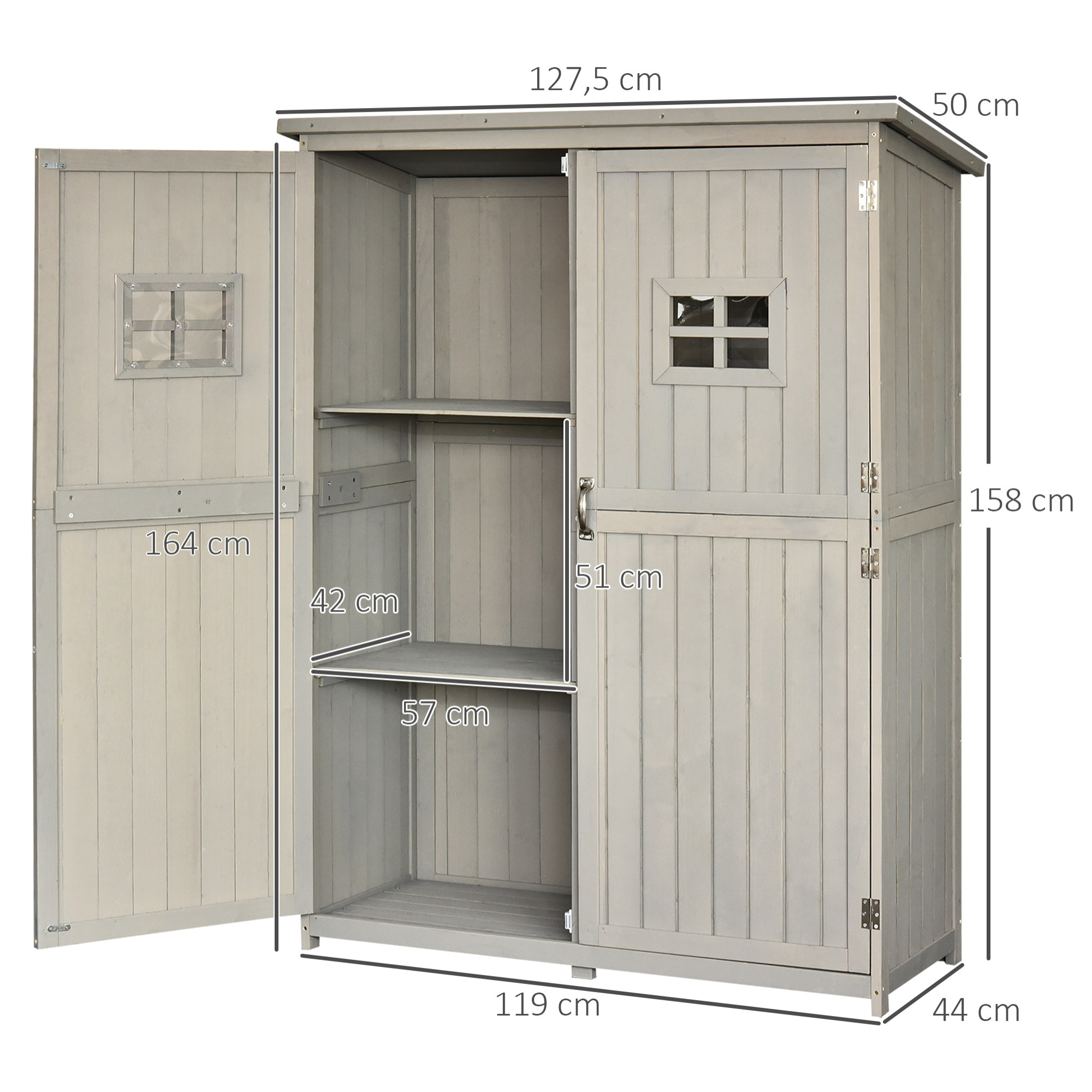 Cobertizo de Madera Caseta Exterior Armario Herramientas de Jardinería Doble Puertas Techo Impermeable Compartimientos de Diferentes Tamaños 127.5x50x164cm Madera Maciza