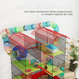 Jaula para Hámster de 5 Niveles, 47x30x59 cm, Casa para Animales Pequeños con Túnel, Comedero, Bebedero, Casita, Rueda de Ejercicio, Escaleras, para Ratas y Jerbos, Rojo