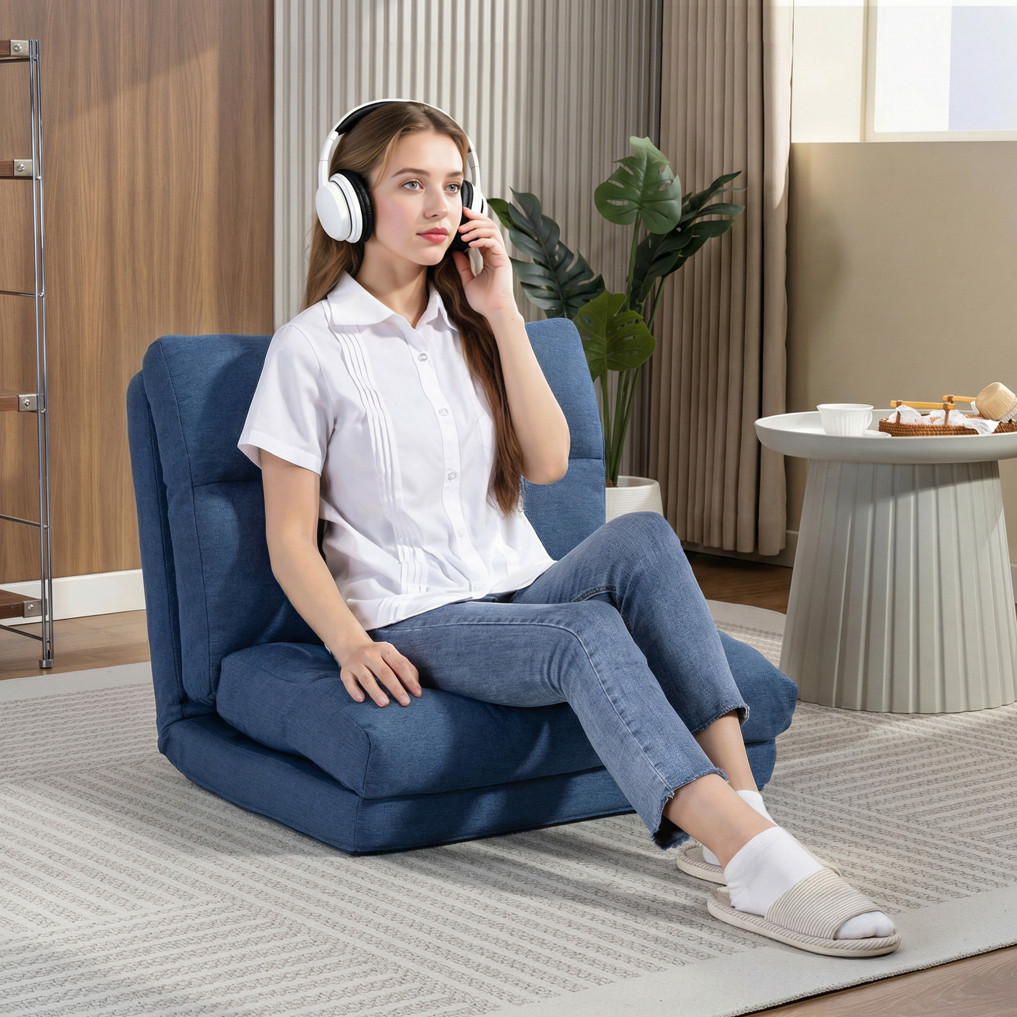 Fauteuil convertible fauteuil paresseux grand confort inclinaison dossier multipositions 90°-180° tissu bleu