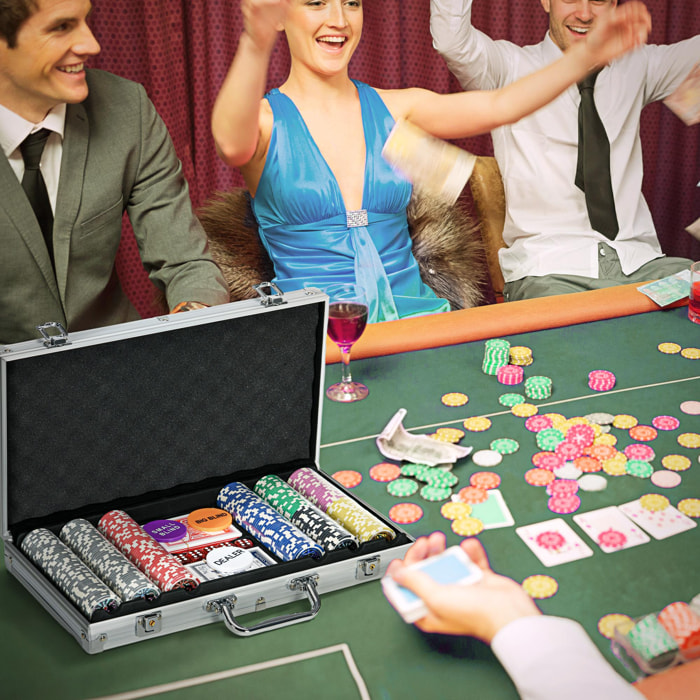 Mallette pro de poker verrouillable coffret pro poker 300 jetons 2 jeux cartes 5 dés 3 boutons 2 clés tapis alu