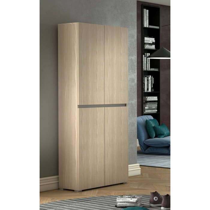 Armadio multiuso grande Arro, Scarpiera con ripiani regolabili, Mobile porta scarpe a 4 ante, 100% Made in Italy, 80x37h195 cm, Olmo