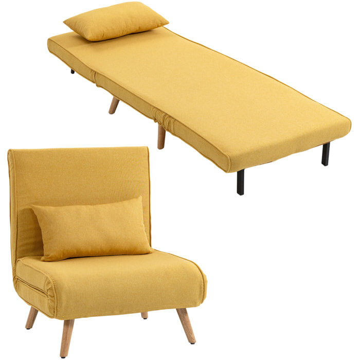 Sofá Cama Individual 3 en 1, Sillón Cama Plegable con Respaldo Ajustable en 5 Posiciones, Asiento Amplio, Almohada Acolchada, Patas de Madera, 72x75x85 cm, Amarillo