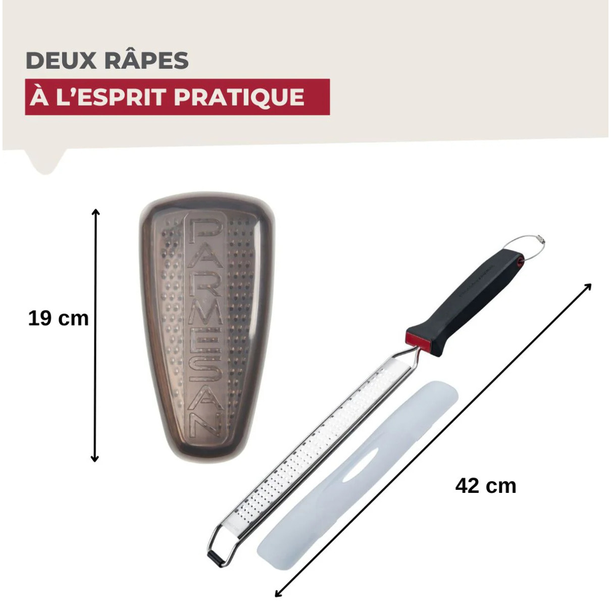 Duo Râpe à zeste longue à gros grain avec couvercle de protection 42 cm et Râpe à parmesan et sa boîte de rangement 19 cm FM Professional Gourmet
