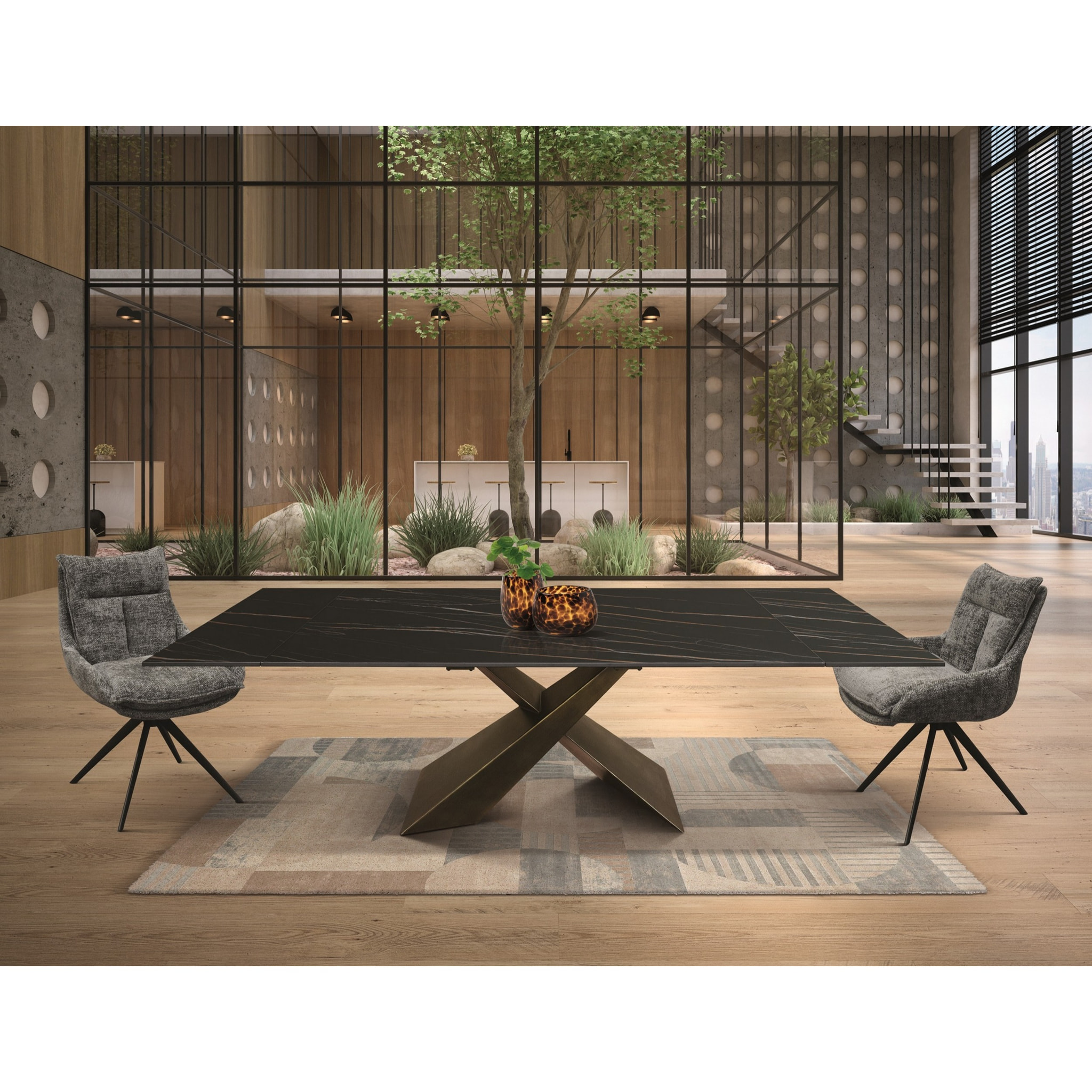 Tavolo FIGARI in vetroceramica bianco arabesco con gambe a X in metallo bronzo, allungabile 180x90 cm - 260x90 cm