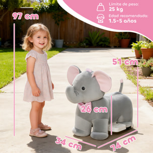 Elefante Eléctrico con Música, Batería 6V, Caballo de Juguete Eléctrico, Tacto Suave, Ruedas Silenciosas de PU, Pedal, Marcha Adelante, Regalo para Niños y Niñas de 1,5 a 5 Años, Gris