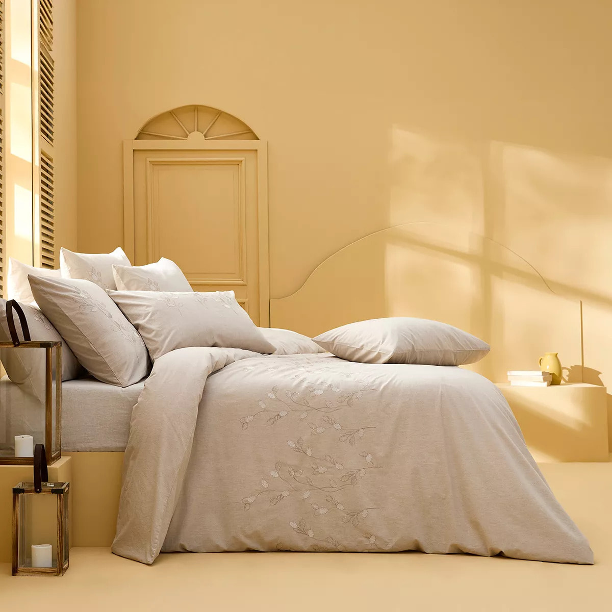 Housse de couette pur coton lavé tissé teint brodé beige Monnaie du pape naturel