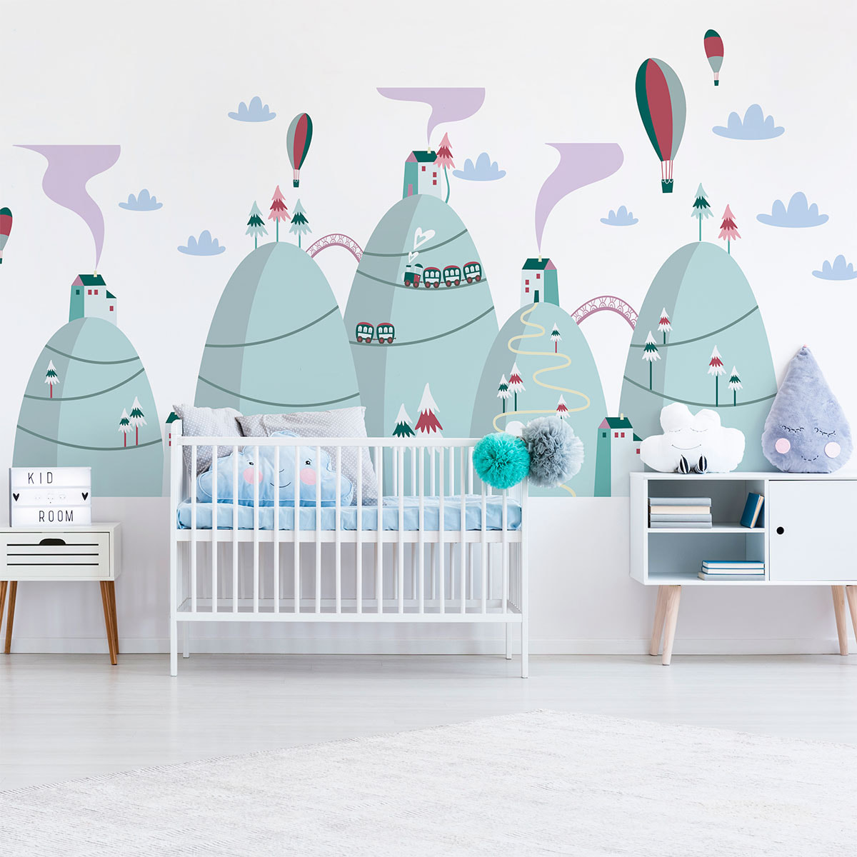 Stickers muraux enfants - Décoration chambre bébé - Autocollant Sticker mural géant enfant montagnes scandinaves MONTGOLFIÈRES SPECTACULAIRES