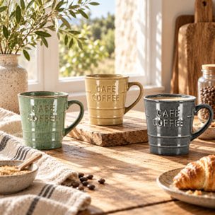 Lot 6 mugs coffee time 37cl en grès 3 couleurs assorties