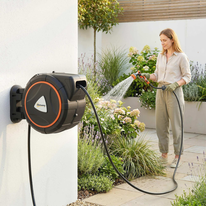 Enrollador de Manguera para Jardín 28+2 m con 12 Modos de Rociado, Carrete de Manguera de Jardín de Pared con Bloqueo Automático y Retracción Controlada, Soporte Orientable 180°, Naranja