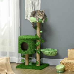 Árbol Rascador para Gatos 91 cm Torre para 1-2 Gatos con Caseta Cama Hamaca Poste de Yute y Bola Colgante 50x40x91 cm Verde