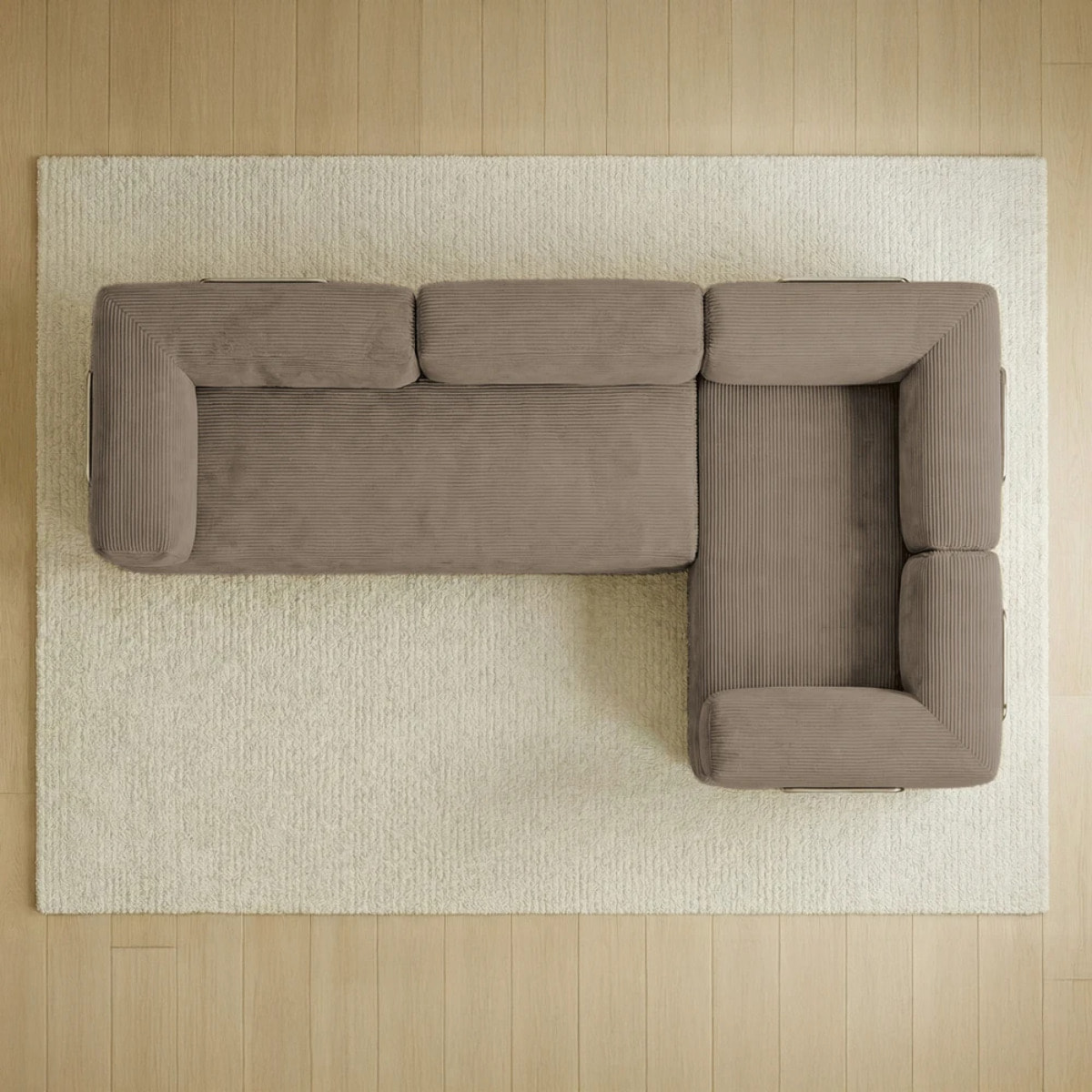 TRENDY - Canapé compressé 5 places angle modulable en velours côtelé taupe