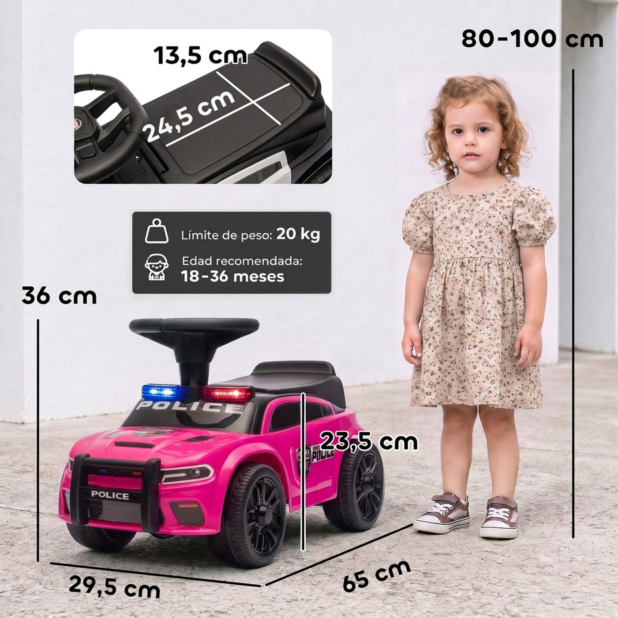 AIYAPLAY Coche Correpasillos de Policía para Niños de 18-36 Meses, Correpasillos con Luz, Música y Espacio de Almacenaje, 65x29,5x36 cm, Rosa