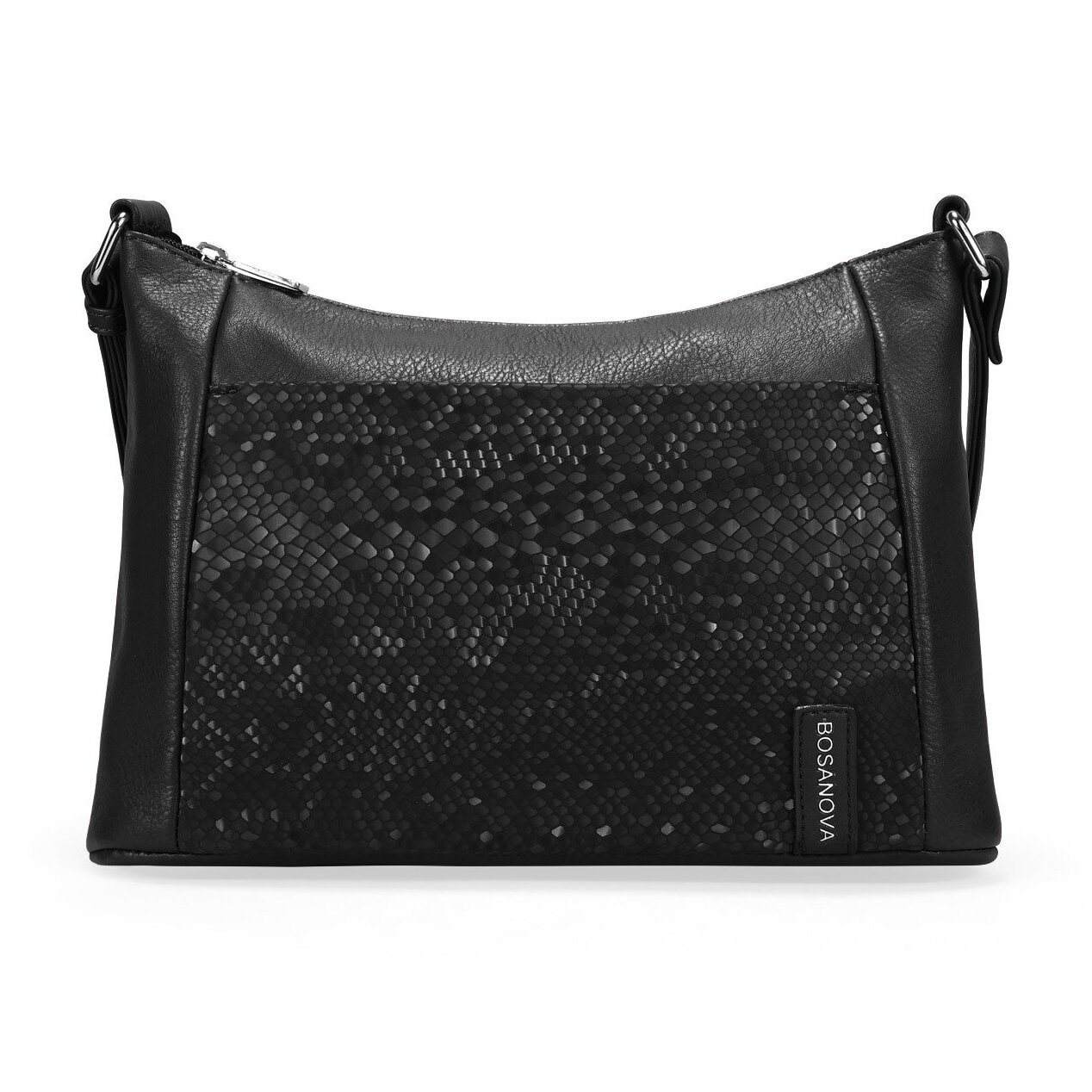 Bolso bandolera negro con bolsillo con grabado de serpiente