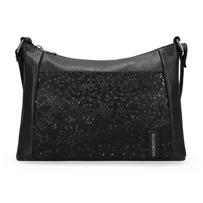 Bolso bandolera negro con bolsillo con grabado de serpiente