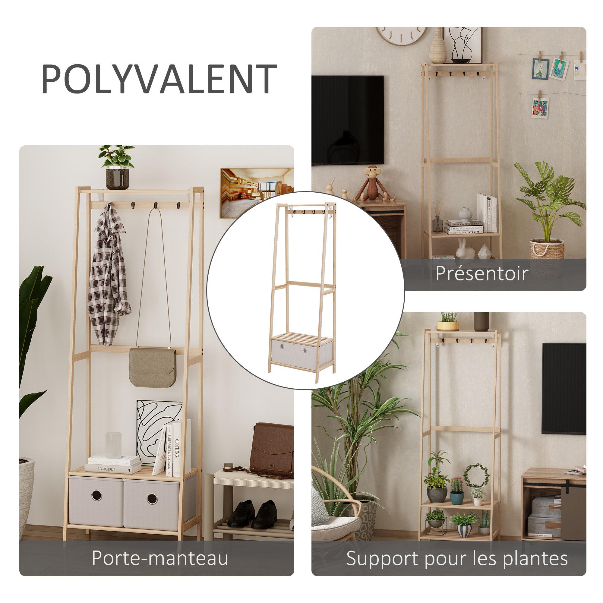 HOMCOM Vestiaire d'entrée porte-manteau 4 patères 2 tiroirs polyester gris clair 2 étagères bois de sapin