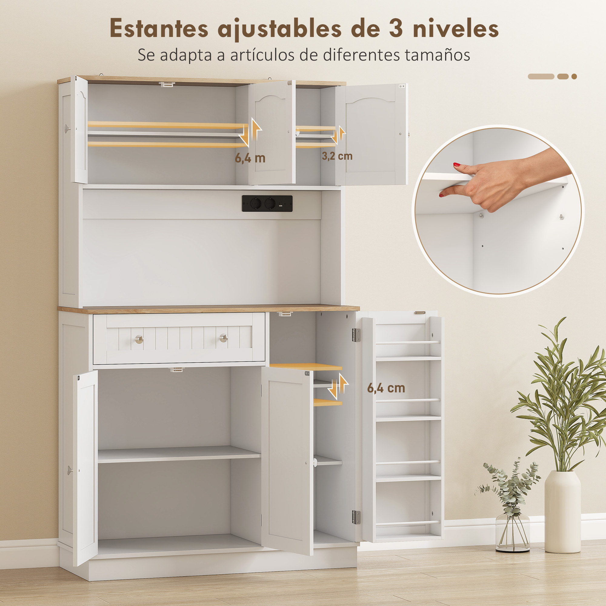 Alacena de Cocina Alta con Estación de Carga, Mueble Auxiliar de Cocina, 6 Puertas, Cajón, Estantes Ajustables, 4 Estantes para Especias, Encimera Amplio, para Comedor, 100x40x173 cm, Blanco