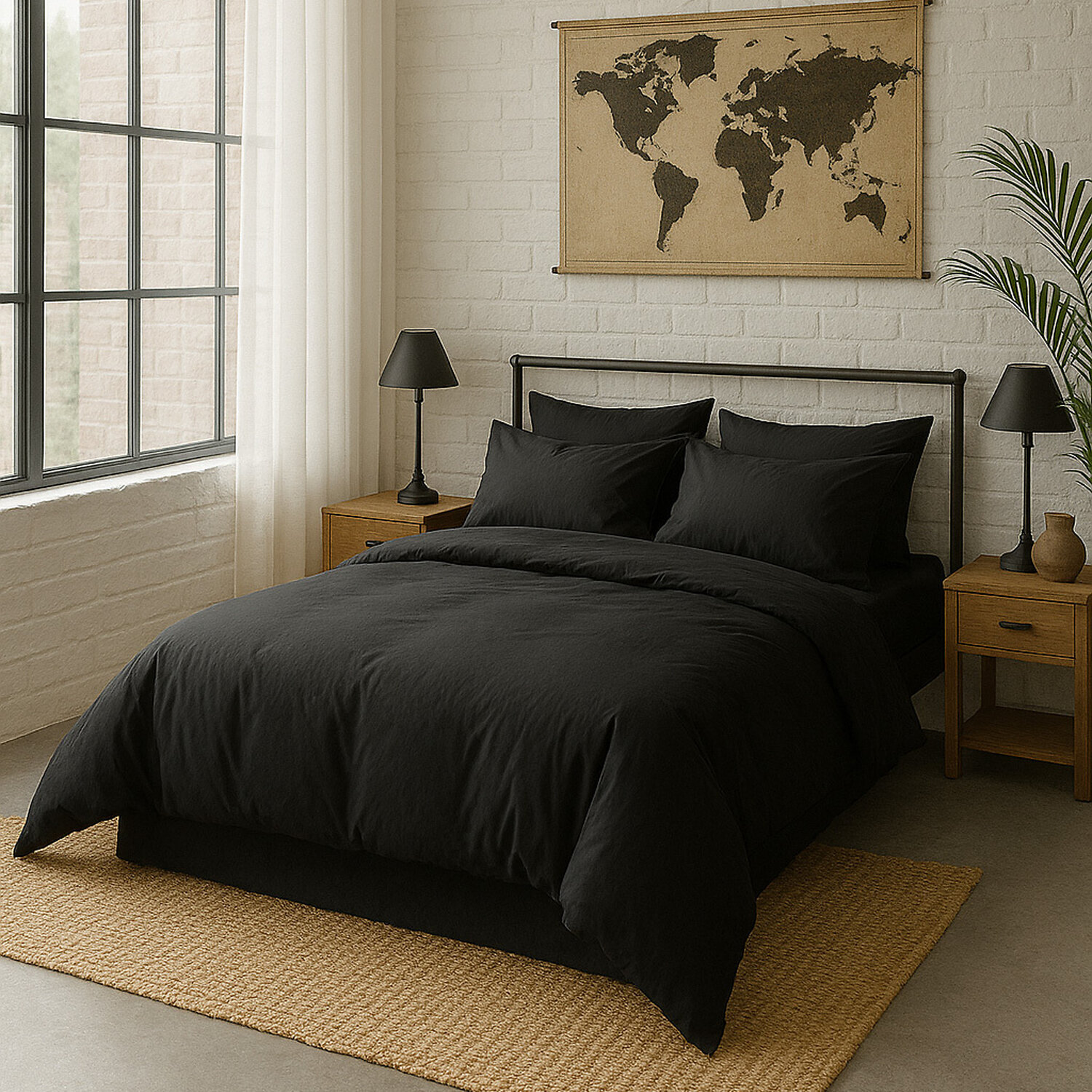 Drap Housse - Bonnet 30cm 100% Percale De Coton Lavé Noir Minuit