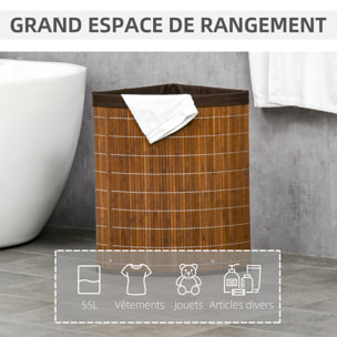 Panier à linge d'angle corbeille à linge bac à linge 55 L couvercle sac amovible poignée bambou tissu brun