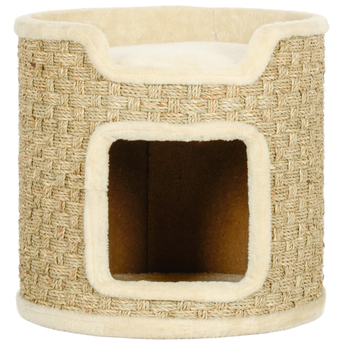 Panier coussin griffoir chat 3 en 1 design tonneau - Ø 38 x 37H cm - jonc de mer peluche beige