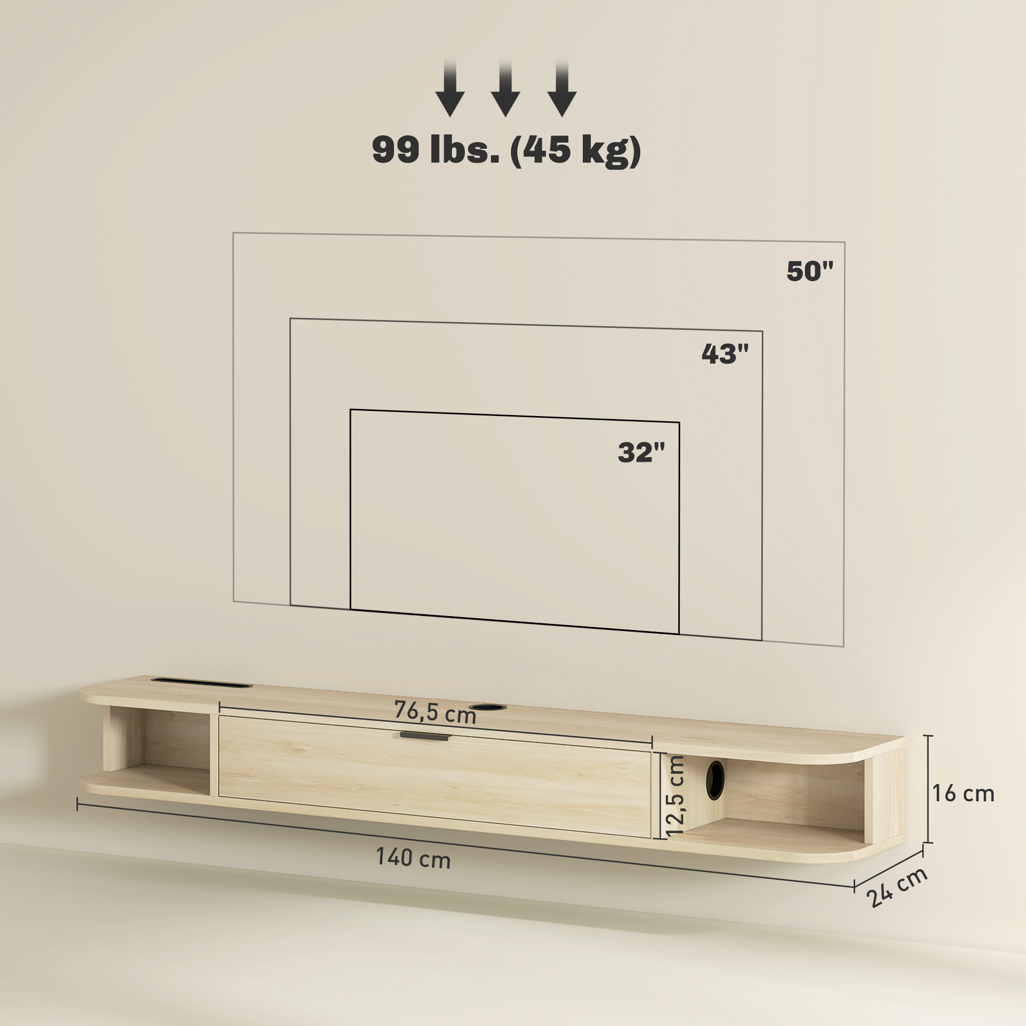Mueble de TV Suspendido, Mueble de TV para Salón con Cajón Abatible, 2 Estantes Abiertos, Gestión de Cables, Estilo Moderno, para Televisión 60 Pulgadas, 140x24x16 cm, Madera Natural