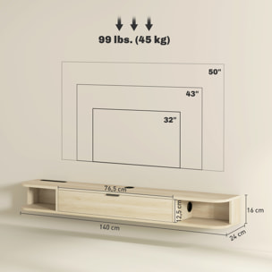 Mueble de TV Suspendido, Mueble de TV para Salón con Cajón Abatible, 2 Estantes Abiertos, Gestión de Cables, Estilo Moderno, para Televisión 60 Pulgadas, 140x24x16 cm, Madera Natural