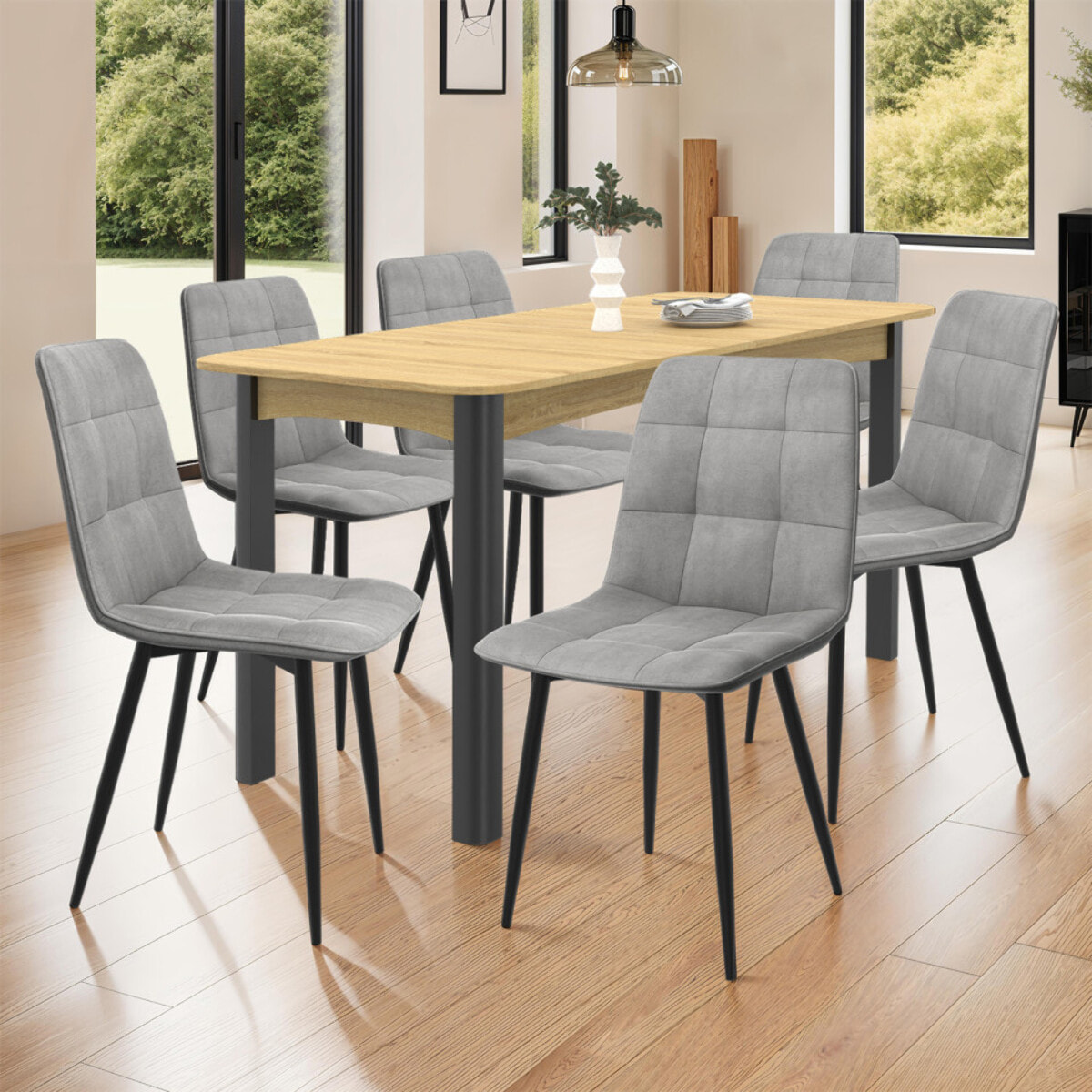 Chaises Linda en velours et pieds métal noirs - Gris Clair