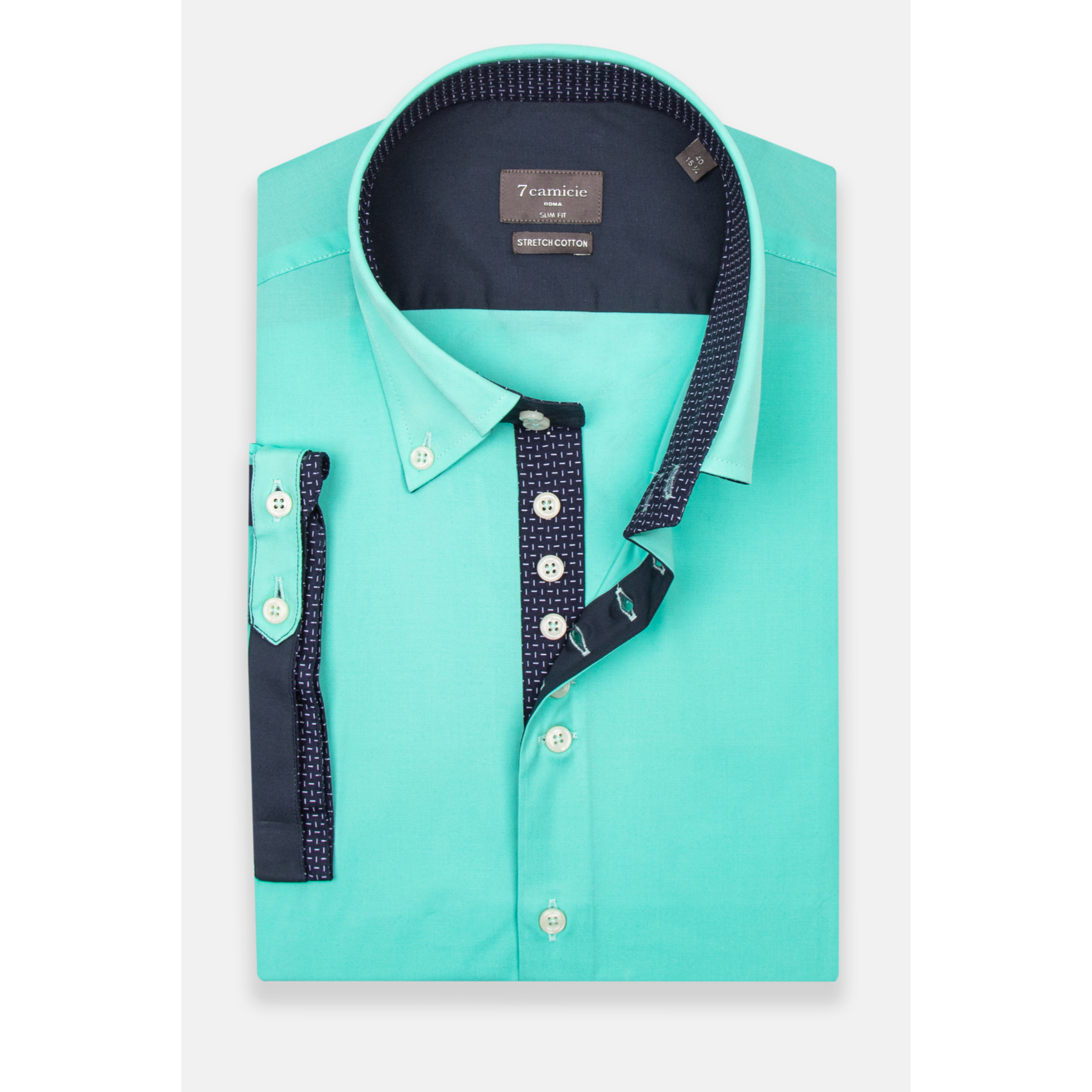 Camicia Uomo Manica Corta 2 Bottoni Button Down 7 Botto Popeline Stretch Unito Verde Acqua