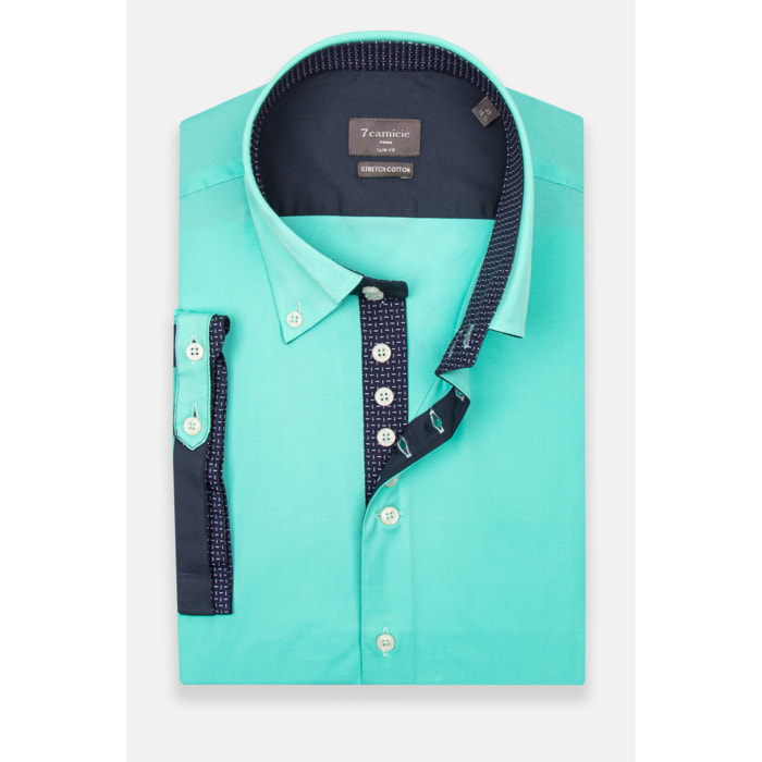 Camicia Uomo Manica Corta 2 Bottoni Button Down 7 Botto Popeline Stretch Unito Verde Acqua