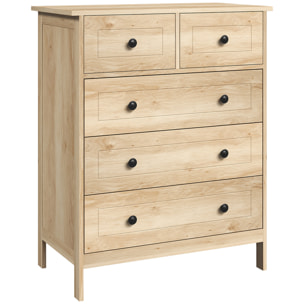 Commode 5 tiroirs style contemporain poignées boutons métal noir MDF panneaux naturel