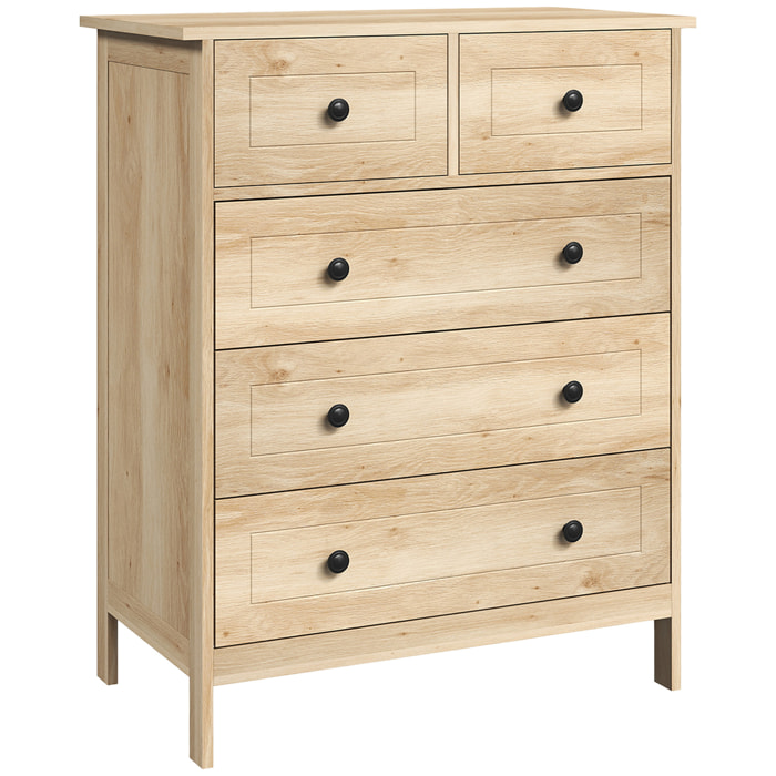 Commode 5 tiroirs style contemporain poignées boutons métal noir MDF panneaux naturel