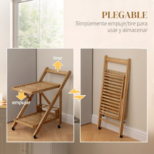 HOMCOM Carrito de Cocina de Bambú con Ruedas, Carro de Cocina Plegable con Soporte para Vino, 2 Estantes, Organizador para Comedor o Salón, 66x40x70 cm, Natural