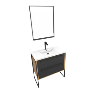 Meuble salle de bain 80x50cm - vasque blanche 80x50 cm - 2 tiroirs noir mat + miroir LED