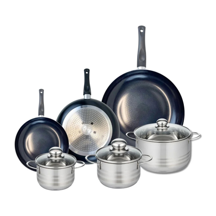 Ensemble de 3 Poêles de cuisson 20, 24 et 32 cm et 3 faitouts 14, 16 et 20 cm Elo Prima Brillant