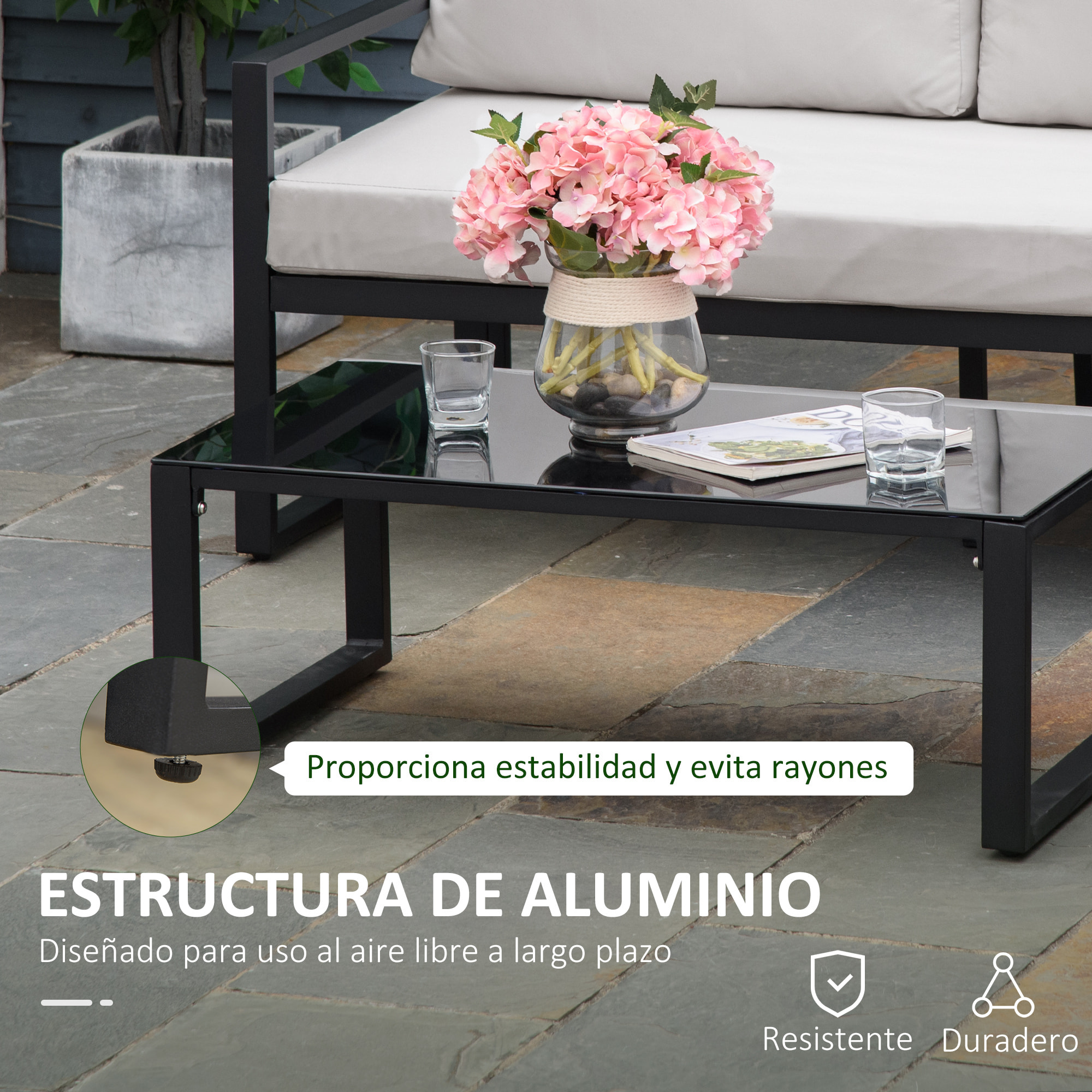 Conjunto de Muebles de Jardín 3 Piezas Mesa de Vidrio y Sofás 212x70x64 cm Negro