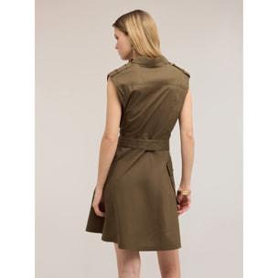Motivi - Vestido camisero en popelín con cinturón - Verde militare