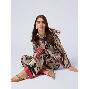 Oltre - Pantalones palazzo de satén estampado - Beige