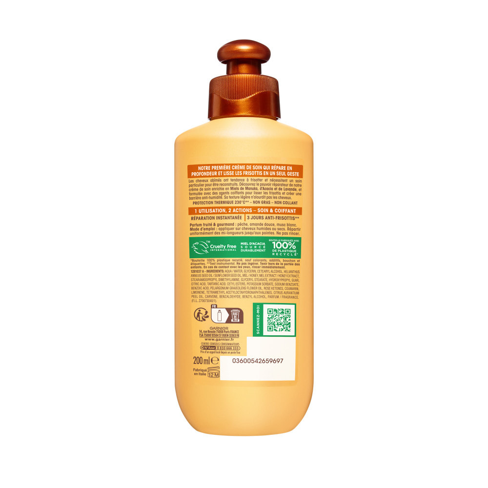 Lot de 6 - Garnier Ultra Doux Trésors de Miel Crème de Soin 2-en-1 Réparation Anti-Frisottis 200ml - Homme & Femme
