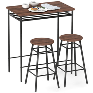 Juego de Mesa y Taburetes de Bar, Mesa Alta de Cocina con 2 Taburetes Industrial, Estante Abierto, Reposapiés, Ahorro de Espacio, para Espacios Reducidos, Comedor, Salón, Marrón