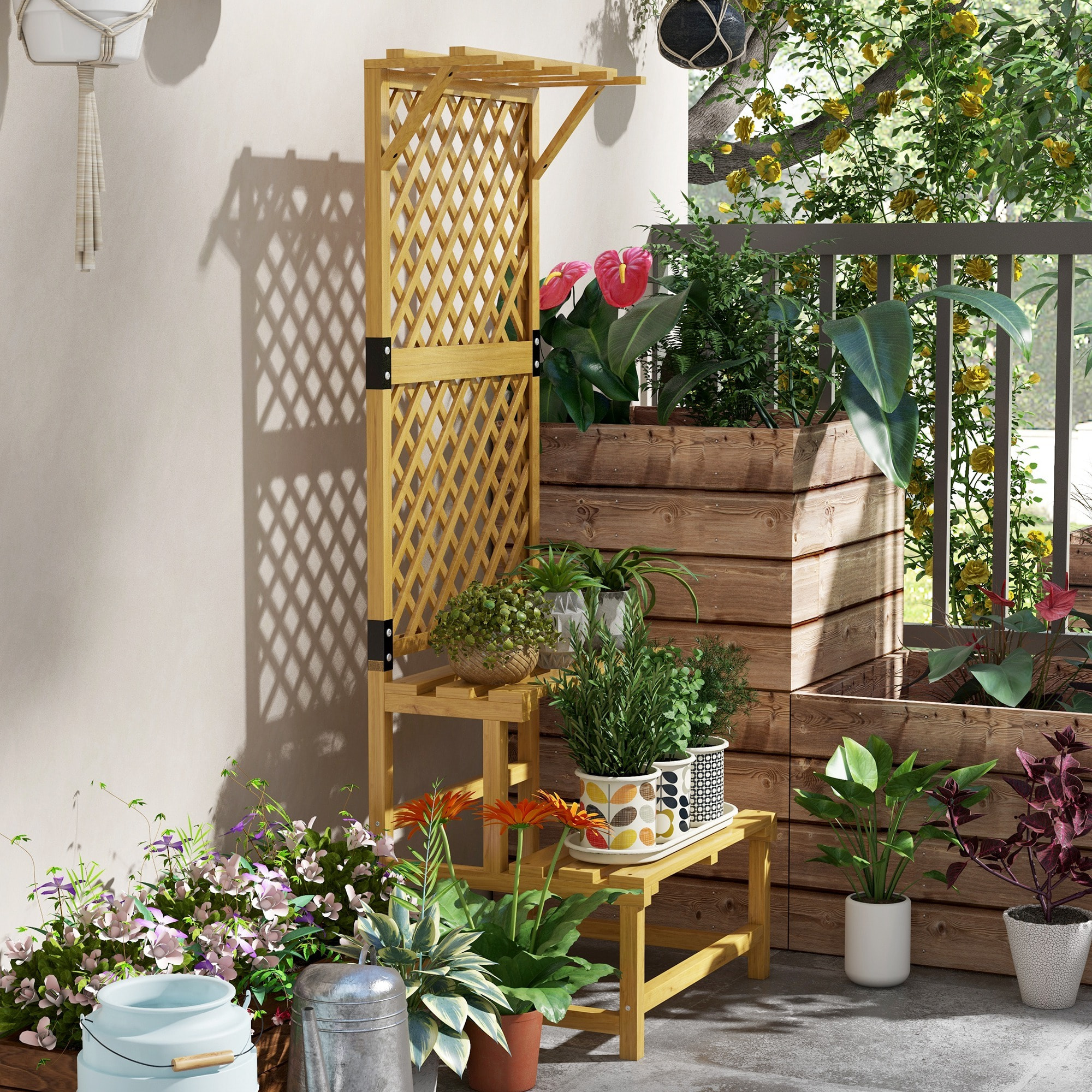 Soporte para Plantas de Madera Estantería para Plantas de 2 Niveles Soporte para Macetas Exterior con Enrejado para Jardín Patio Terraza 60x50x166 cm Natural