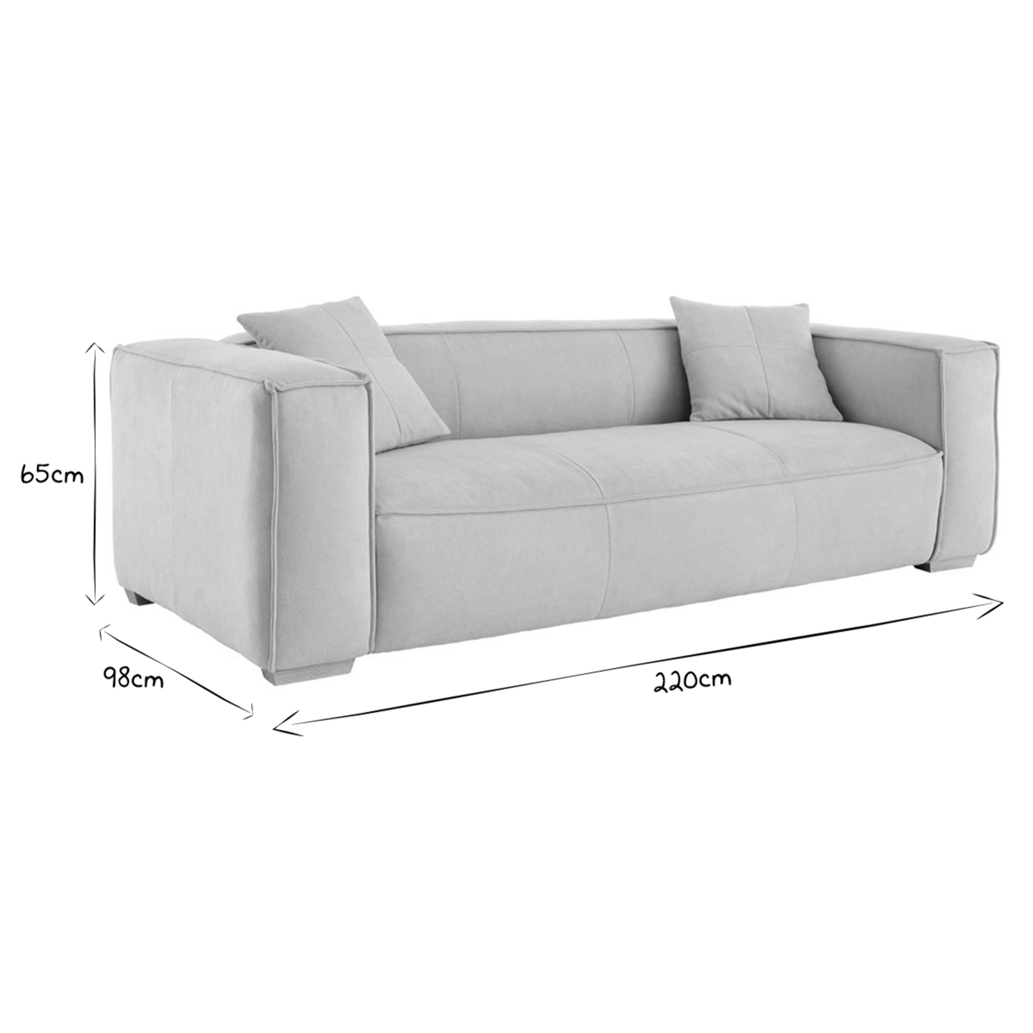 Canapé design 3 places en tissu effet velours beige naturel et bois clair COBAIN