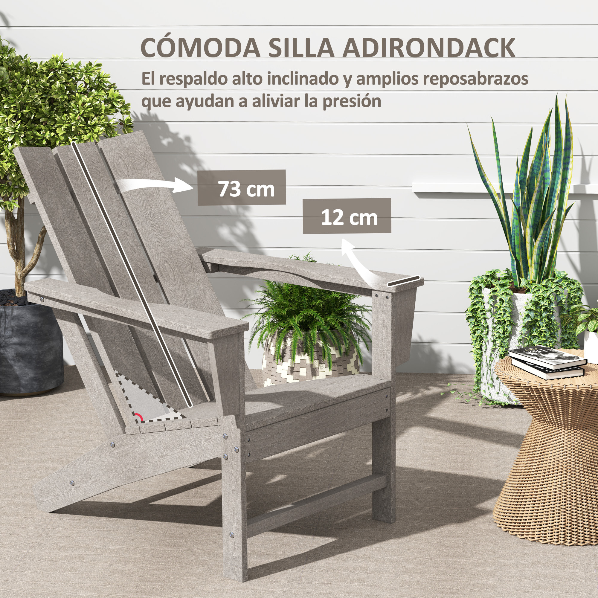 Silla Adirondack Exterior Silla de Jardín con Asiento Extra Ancho Carga 120 kg para Patio Terraza Balcón 75x83x90 cm Gris Oscuro