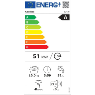 Cecotec Lavadora 10Kg de Carga Frontal Bolero Dresscode 10500 Inverter A 1950W 1