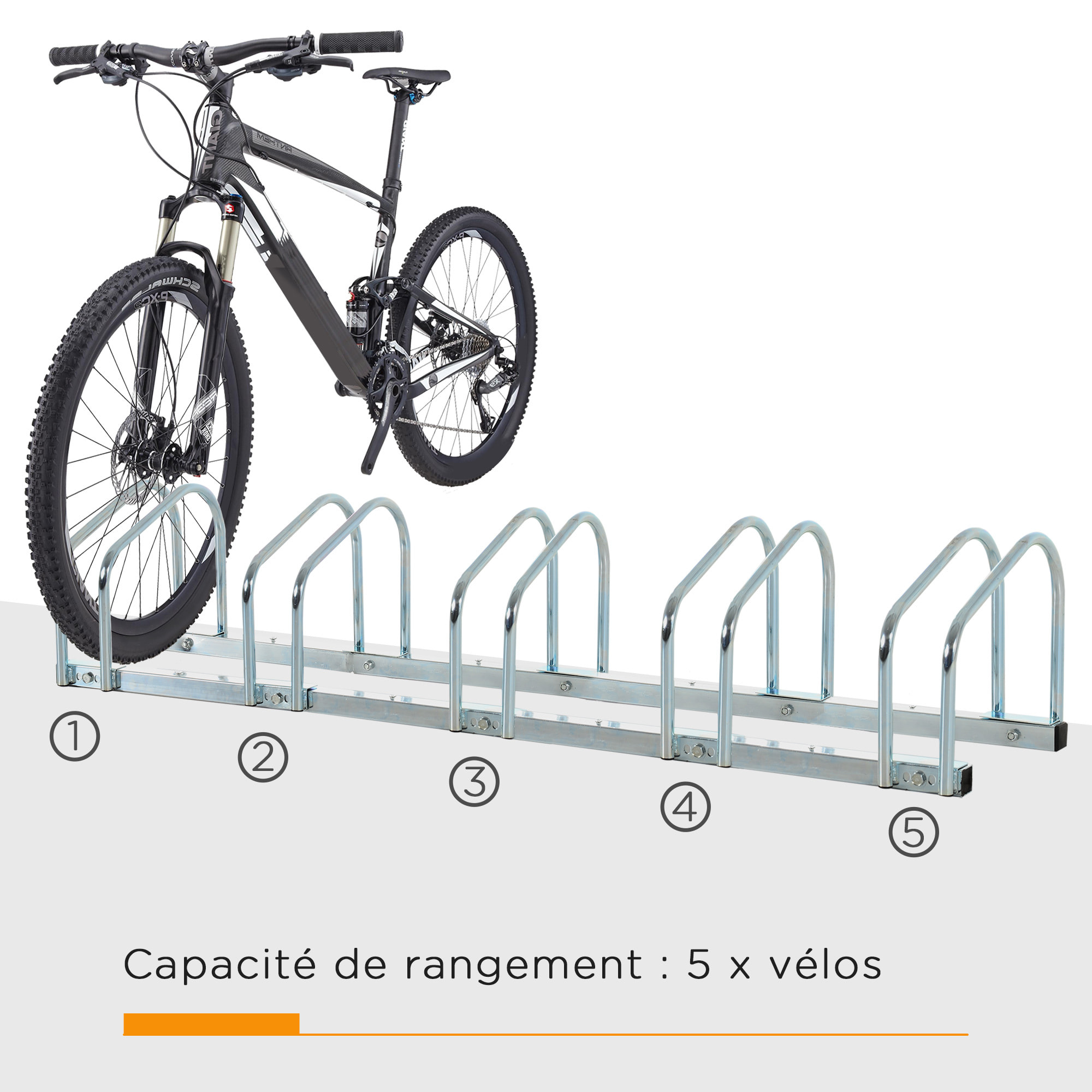 Râtelier pour 5 vélos dim. 145L x 33l x 27H cm acier galvanisé