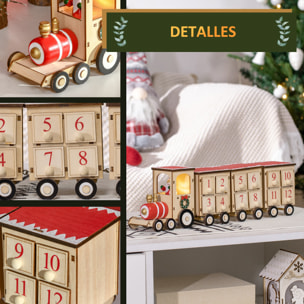 HOMCOM Calendario de Adviento de Navidad de Madera con Luz LED y 24 Cajones Decoración Navideña para Rellenar Modelo Tren 40x8x11 cm Natural