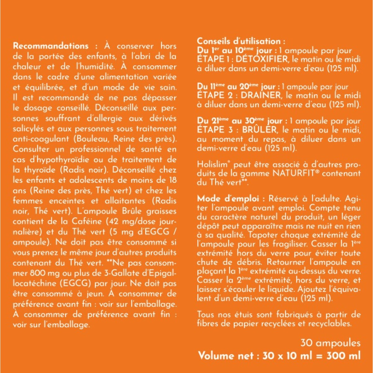 NATURFIT - Holislim - Programme minceur BIO - Complément alimentaire aux plantes - Sève de Bouleau, Pissenlit, Thé vert, Guarana - Aider à drainer, détoxifier et brûler les graisses - 30 ampoules