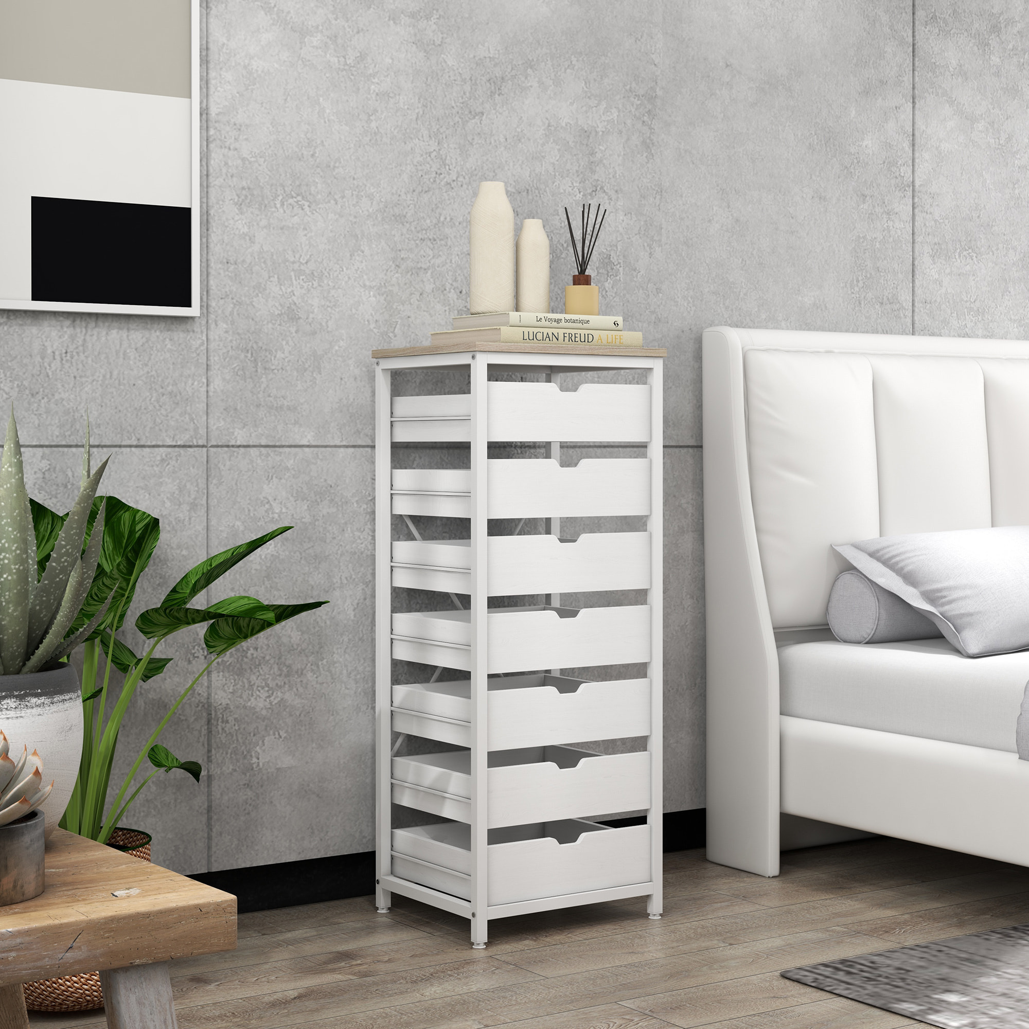 Meuble de rangement chiffonnier moderne 7 tiroirs poignées invisibles acier panneaux blanc chêne clair